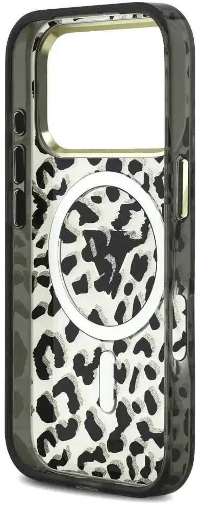 Dėklas Guess IML Leopard Glitter Triangle Logo MagSafe do iPhone 18 Pro / 17 Pro juoda