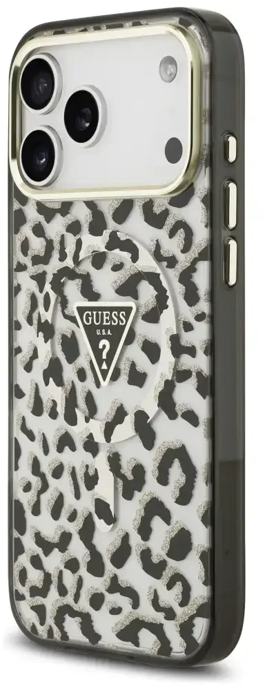 Dėklas Guess IML Leopard Glitter Triangle Logo MagSafe do iPhone 18 Pro Max / 17 Pro Max juoda