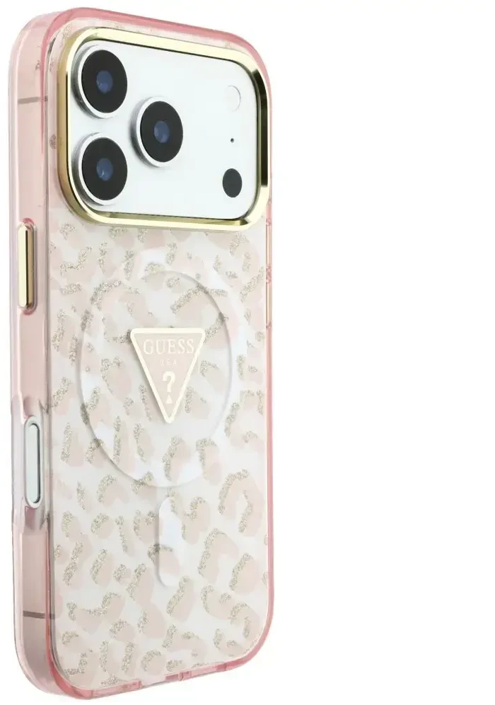 Dėklas Guess IML Leopard Glitter Triangle Logo MagSafe Case for iPhone 17 Pro Max / 18 Pro Max - Rožinė