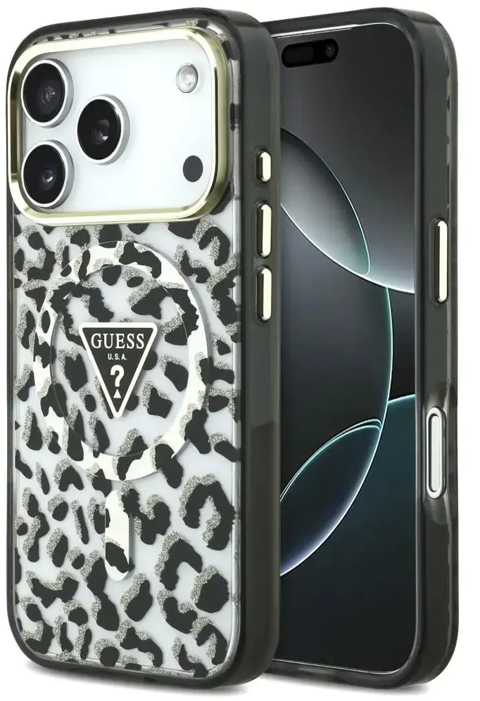 Dėklas Guess IML Leopard Glitter Triangle Logo MagSafe do iPhone 18 Pro / 17 Pro juoda