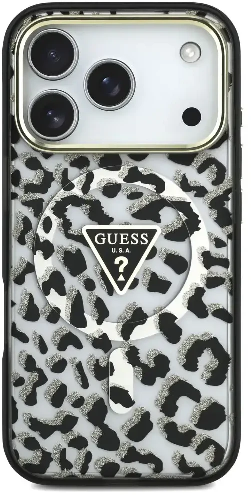Dėklas Guess IML Leopard Glitter Triangle Logo MagSafe do iPhone 18 Pro / 17 Pro juoda