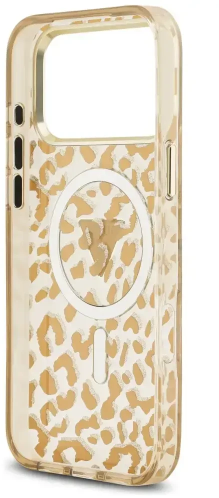 Dėklas Guess IML Leopard Glitter Triangle Logo MagSafe do iPhone 18 Pro / 17 Pro ruda