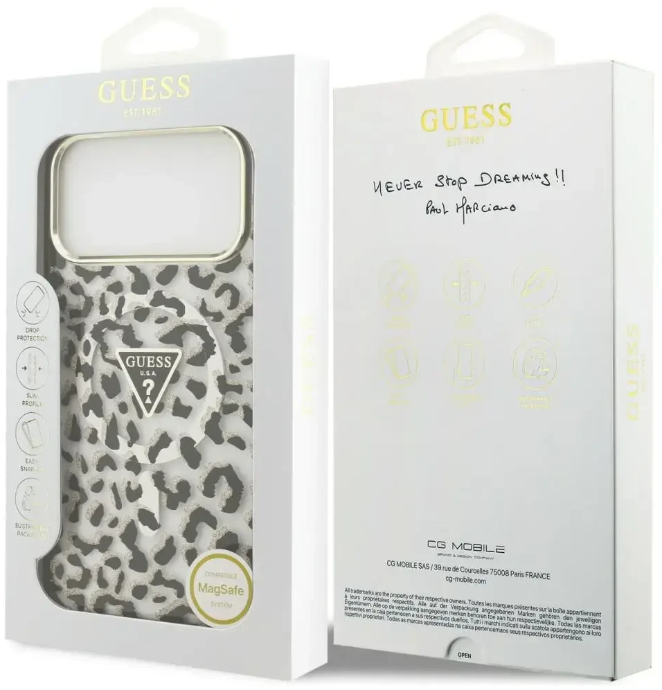 Dėklas Guess IML Leopard Glitter Triangle Logo MagSafe do iPhone 18 Pro Max / 17 Pro Max juoda