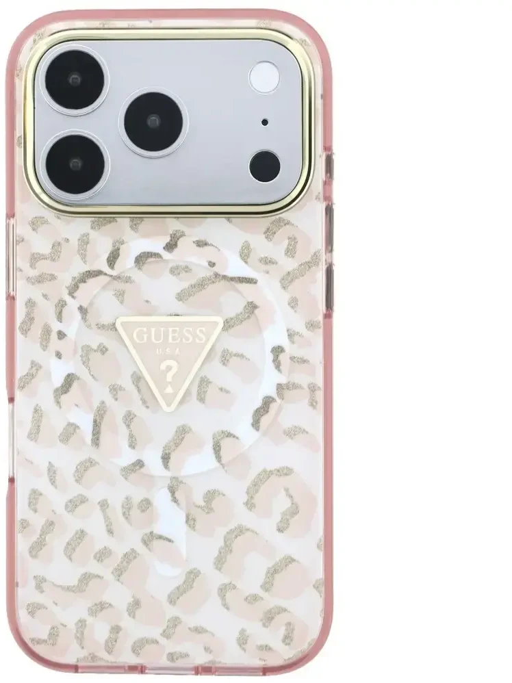 Dėklas Guess IML Leopard Glitter Triangle Logo MagSafe do iPhone 18 Pro / 17 Pro rožinė