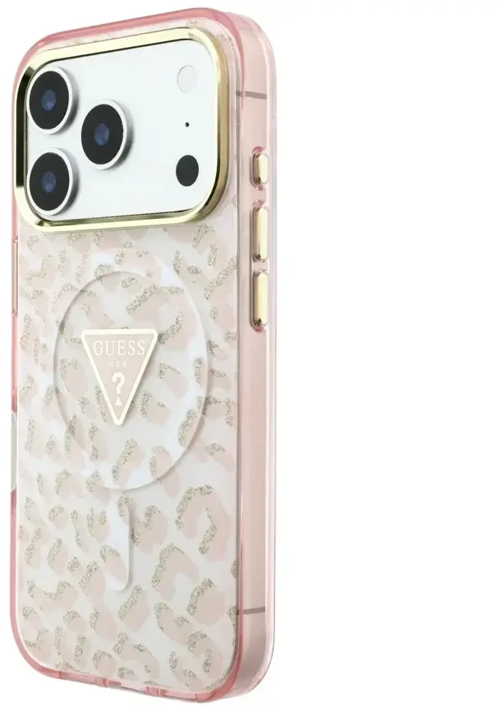 Dėklas Guess IML Leopard Glitter Triangle Logo MagSafe do iPhone 18 Pro / 17 Pro rožinė