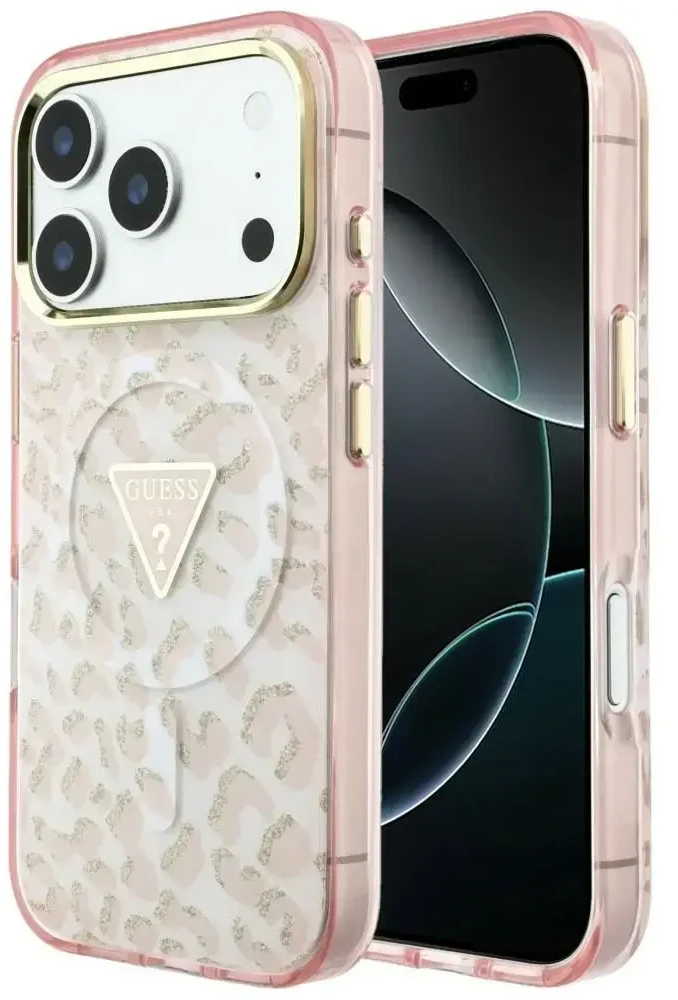 Dėklas Guess IML Leopard Glitter Triangle Logo MagSafe do iPhone 18 Pro / 17 Pro rožinė