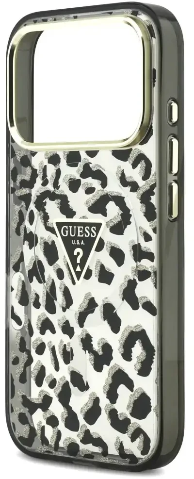 Dėklas Guess IML Leopard Glitter Triangle Logo MagSafe do iPhone 18 Pro / 17 Pro juoda