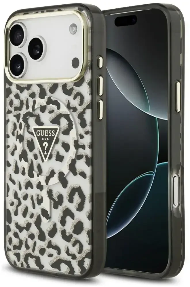 Dėklas Guess IML Leopard Glitter Triangle Logo MagSafe do iPhone 18 Pro Max / 17 Pro Max juoda