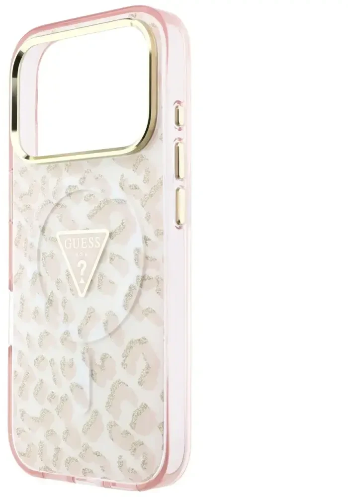 Dėklas Guess IML Leopard Glitter Triangle Logo MagSafe do iPhone 18 Pro / 17 Pro rožinė