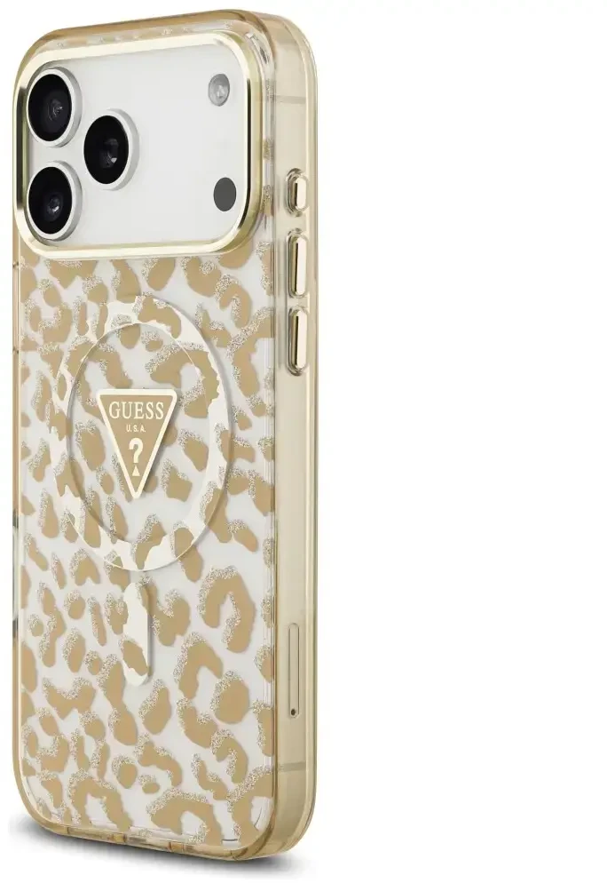 Dėklas Guess IML Leopard Glitter Triangle Logo MagSafe do iPhone 18 Pro / 17 Pro ruda