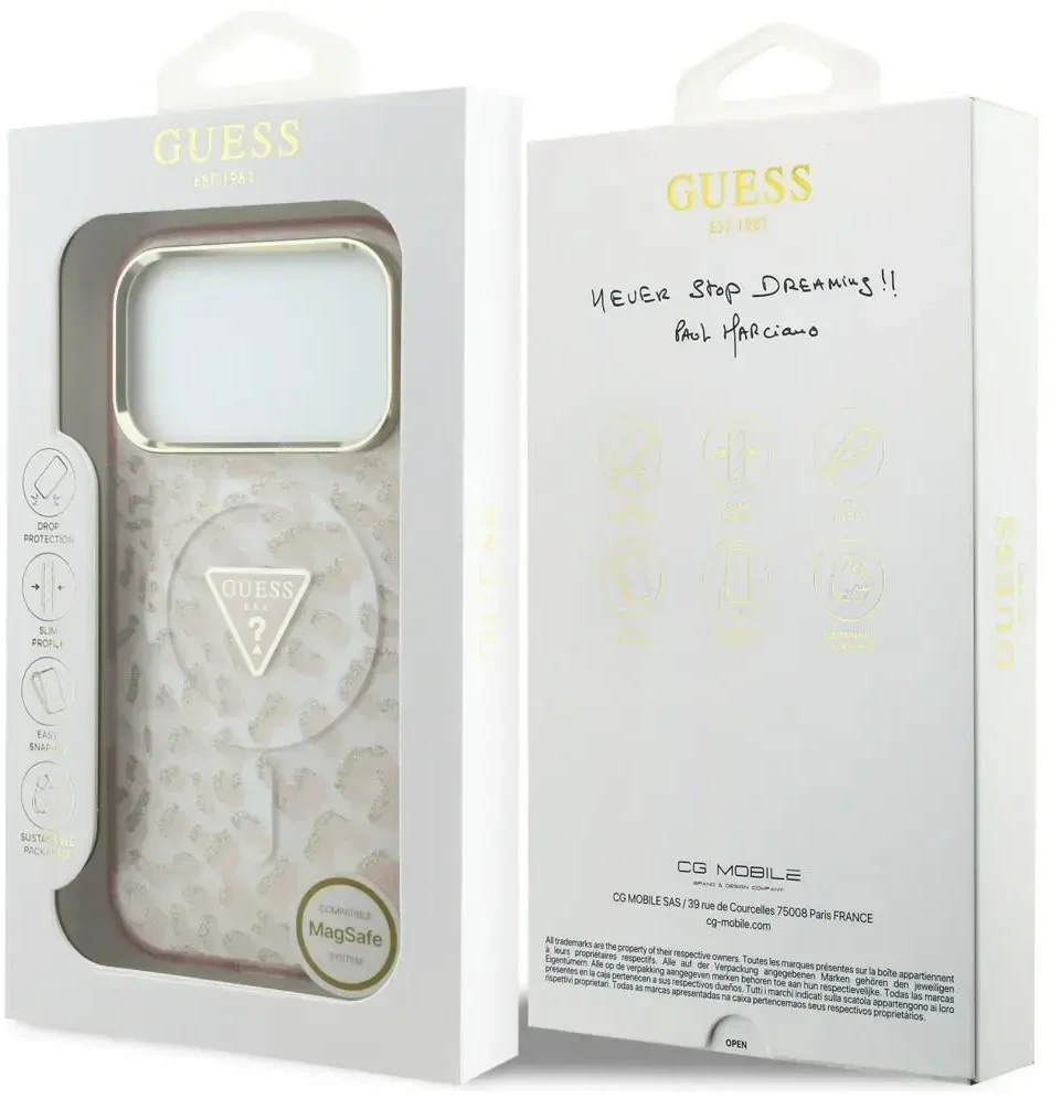 Dėklas Guess IML Leopard Glitter Triangle Logo MagSafe do iPhone 18 Pro / 17 Pro rožinė