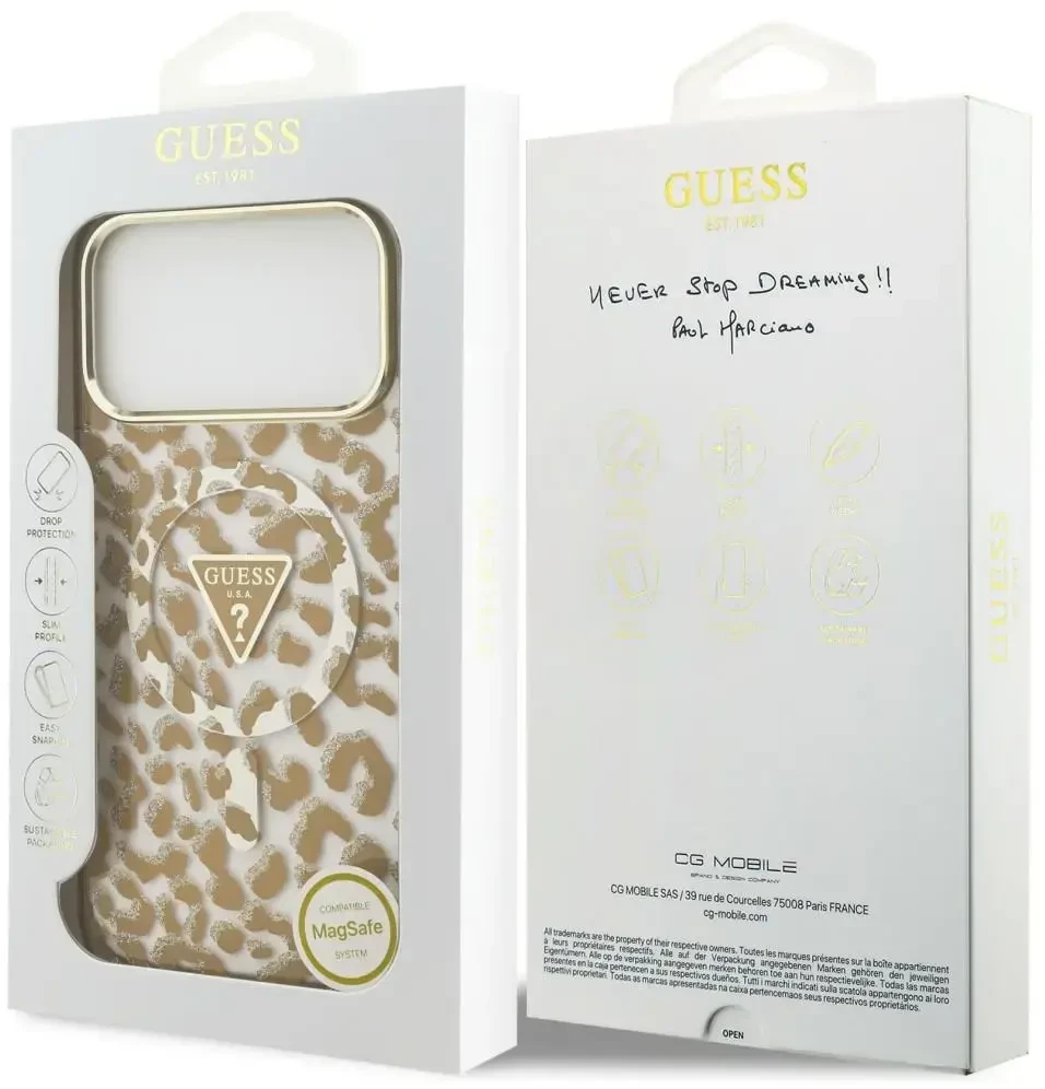 Dėklas Guess IML Leopard Glitter Triangle Logo MagSafe do iPhone 18 Pro / 17 Pro ruda