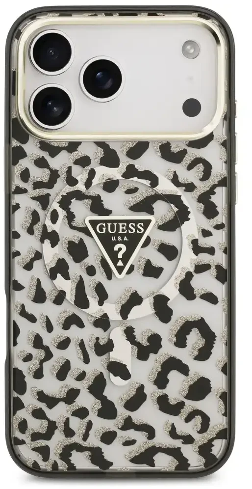 Dėklas Guess IML Leopard Glitter Triangle Logo MagSafe do iPhone 18 Pro Max / 17 Pro Max juoda