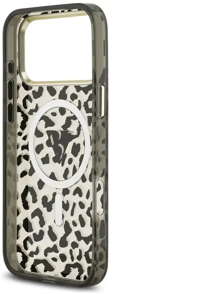 Dėklas Guess IML Leopard Glitter Triangle Logo MagSafe do iPhone 18 Pro Max / 17 Pro Max juoda