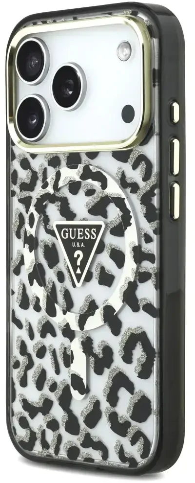 Dėklas Guess IML Leopard Glitter Triangle Logo MagSafe do iPhone 18 Pro / 17 Pro juoda