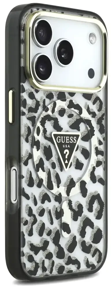 Dėklas Guess IML Leopard Glitter Triangle Logo MagSafe do iPhone 18 Pro / 17 Pro juoda