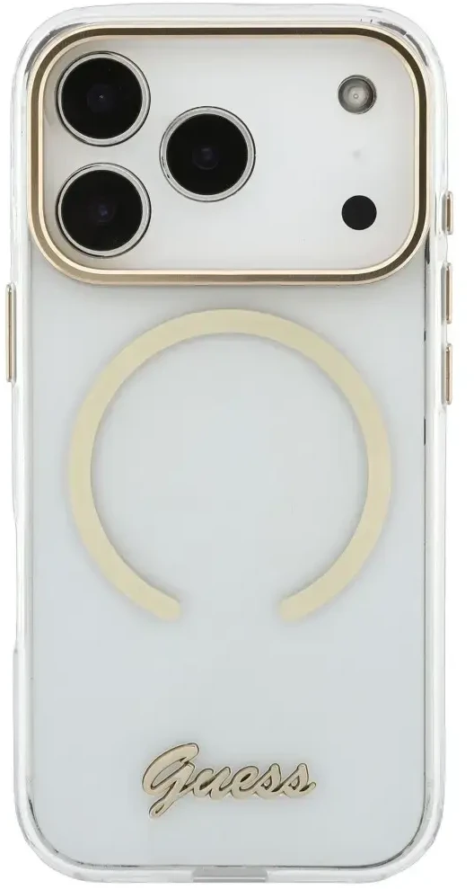Dėklas Guess IML Script Metal MagSafe do iPhone 18 Pro Max / 17 Pro Max permatomas