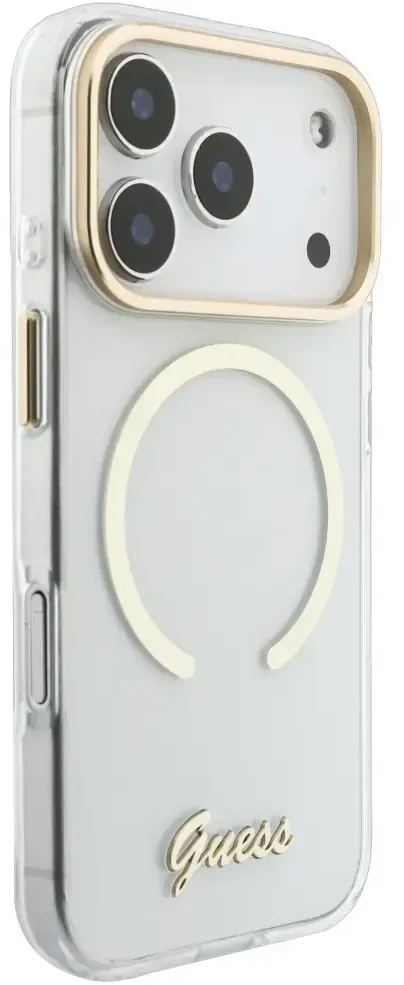 Dėklas Guess IML Script Metal MagSafe do iPhone 18 Pro Max / 17 Pro Max permatomas