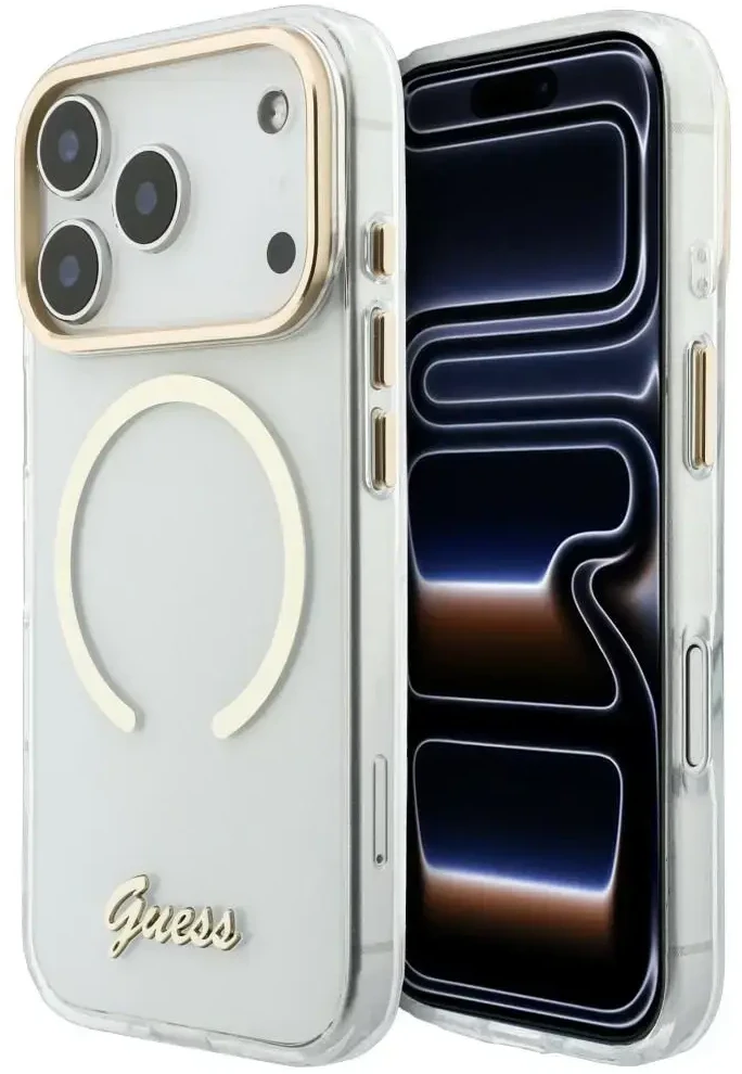 Dėklas Guess IML Script Metal MagSafe do iPhone 18 Pro Max / 17 Pro Max permatomas