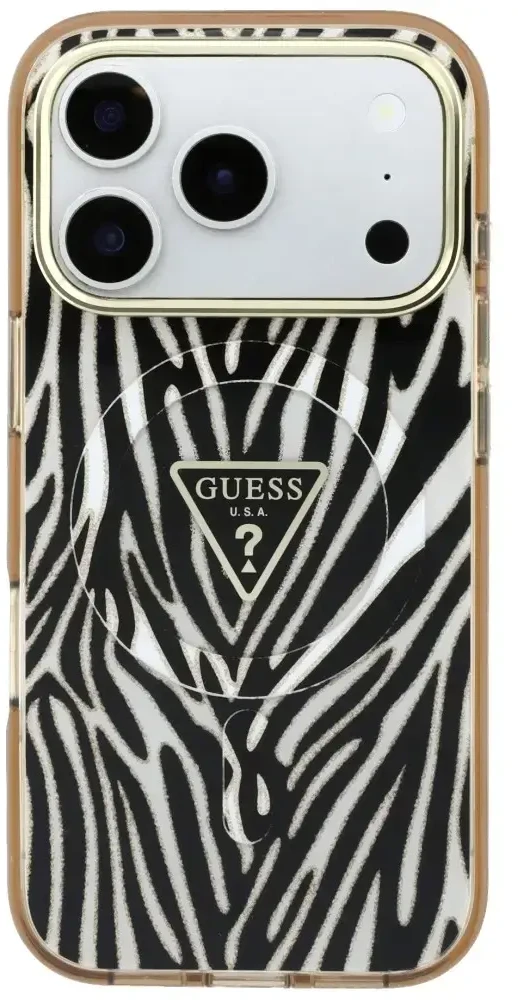 Dėklas Guess IML Zebra Glitter Triangle Logo MagSafe do iPhone 18 Pro / 17 Pro auksinė
