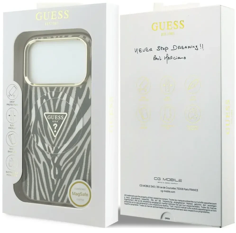 Dėklas Guess IML Zebra Glitter Triangle Logo MagSafe do iPhone 18 Pro Max / 17 Pro Max auksinė