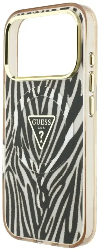 Dėklas Guess IML Zebra Glitter Triangle Logo MagSafe do iPhone 18 Pro / 17 Pro auksinė