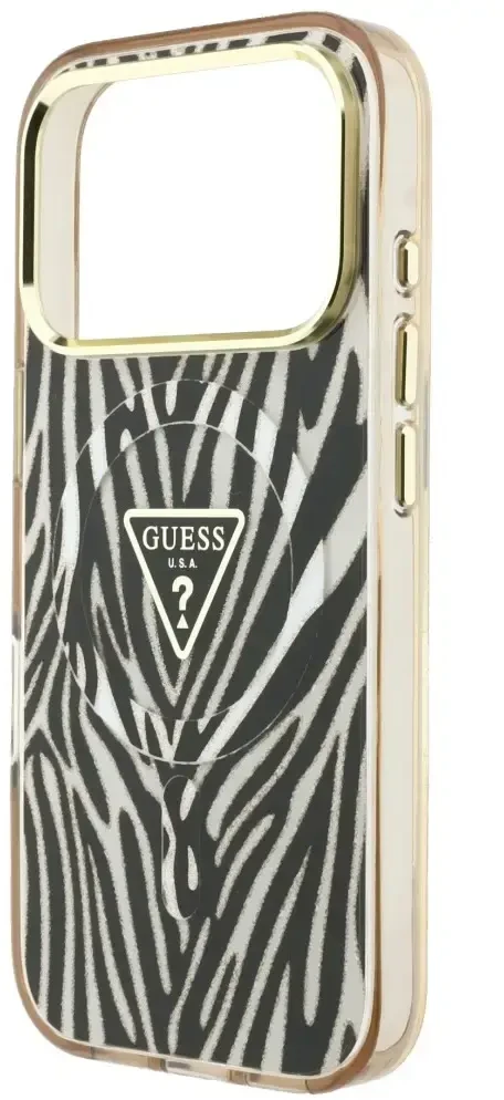 Dėklas Guess IML Zebra Glitter Triangle Logo MagSafe do iPhone 18 Pro Max / 17 Pro Max auksinė