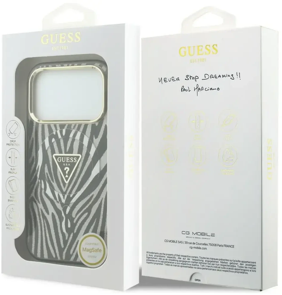 Dėklas Guess IML Zebra Glitter Triangle Logo MagSafe do iPhone 18 Pro Max / 17 Pro Max sidabrinė