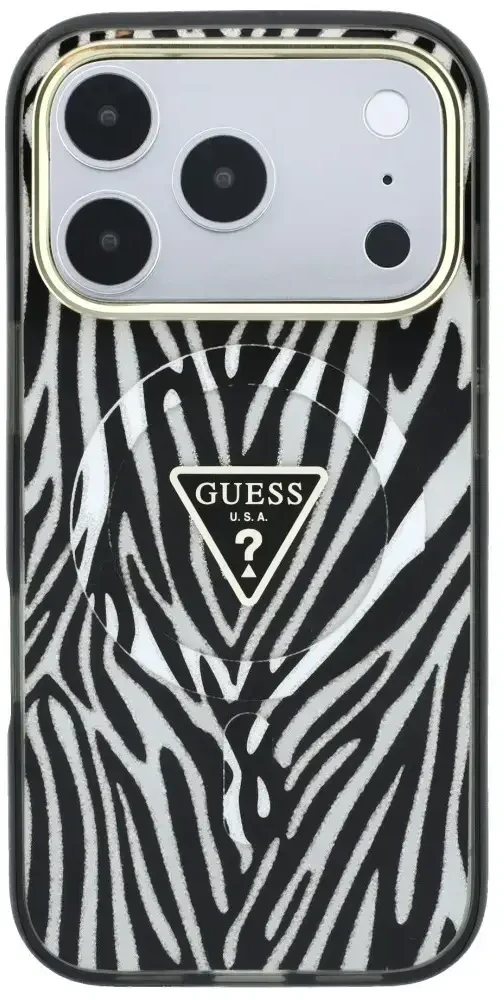 Dėklas Guess IML Zebra Glitter Triangle Logo MagSafe do iPhone 18 Pro Max / 17 Pro Max sidabrinė