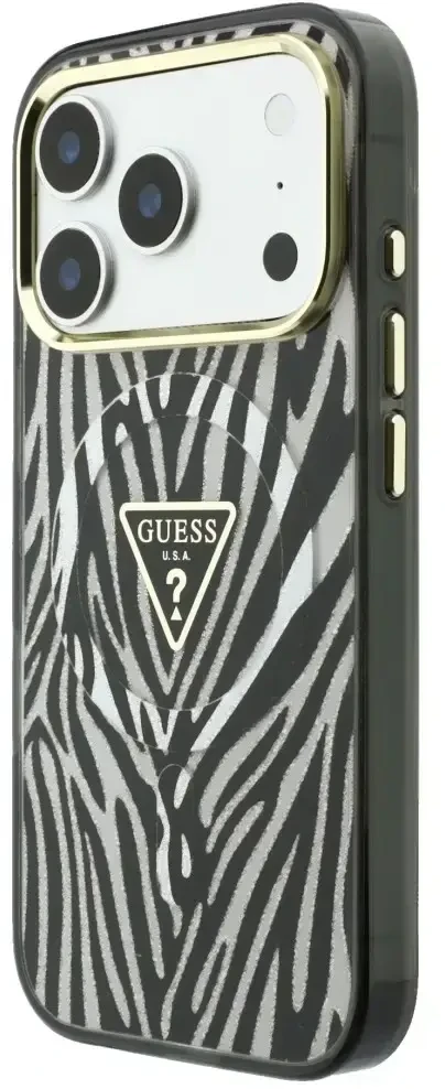 Dėklas Guess IML Zebra Glitter Triangle Logo MagSafe do iPhone 18 Pro / 17 Pro sidabrinė