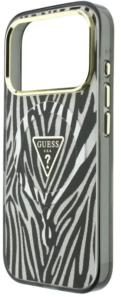 Dėklas Guess IML Zebra Glitter Triangle Logo MagSafe do iPhone 18 Pro Max / 17 Pro Max sidabrinė
