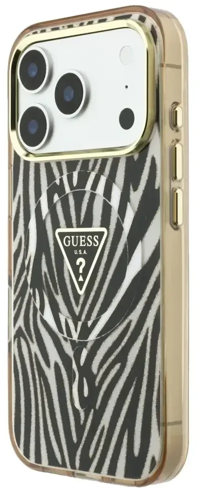 Dėklas Guess IML Zebra Glitter Triangle Logo MagSafe do iPhone 18 Pro / 17 Pro auksinė