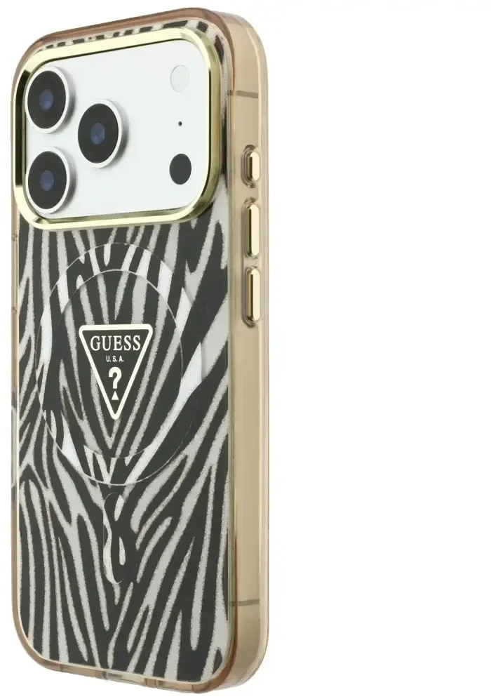 Dėklas Guess IML Zebra Glitter Triangle Logo MagSafe do iPhone 18 Pro Max / 17 Pro Max auksinė