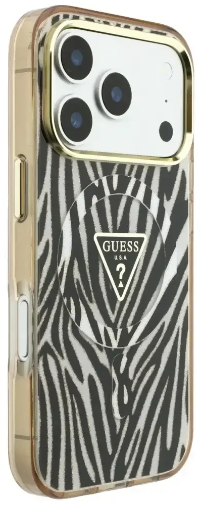 Dėklas Guess IML Zebra Glitter Triangle Logo MagSafe do iPhone 18 Pro Max / 17 Pro Max auksinė