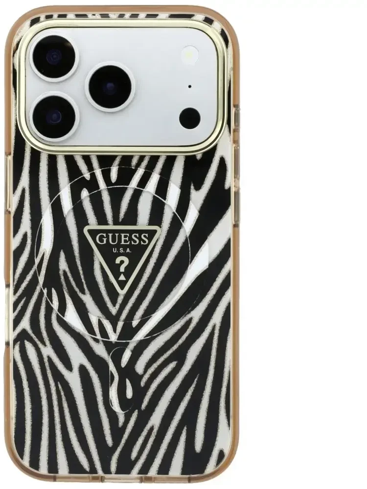 Dėklas Guess IML Zebra Glitter Triangle Logo MagSafe do iPhone 18 Pro Max / 17 Pro Max auksinė