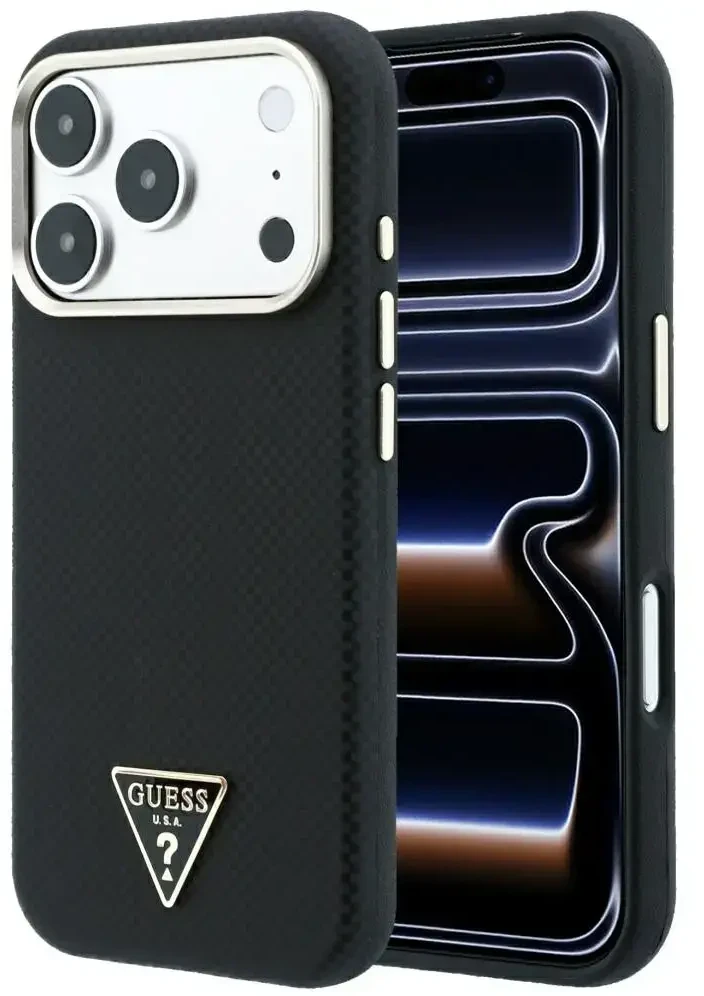 Dėklas Guess Kevlar Triangle Logo MagSafe do iPhone 18 Pro / 17 Pro juoda