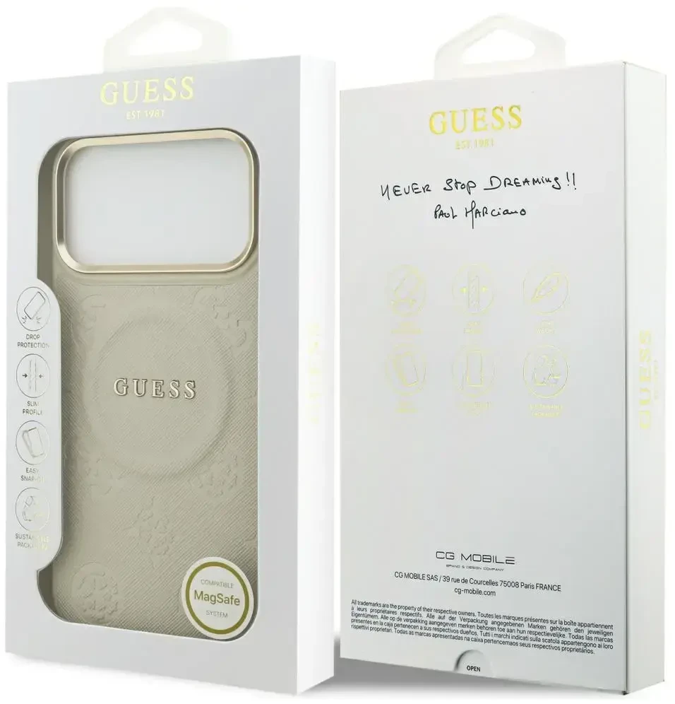 Dėklas Guess Peony Hot Stamp MagSafe skirtas Apple iPhone 17 Pro Max beige