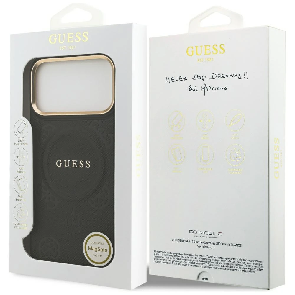GUESS dėklas, skirtas IPHONE 17 Pro Max, suderinamas su MagSafe GUHMP17XPSAMSECK (PU W/ Peony Hot Stamp) juodas