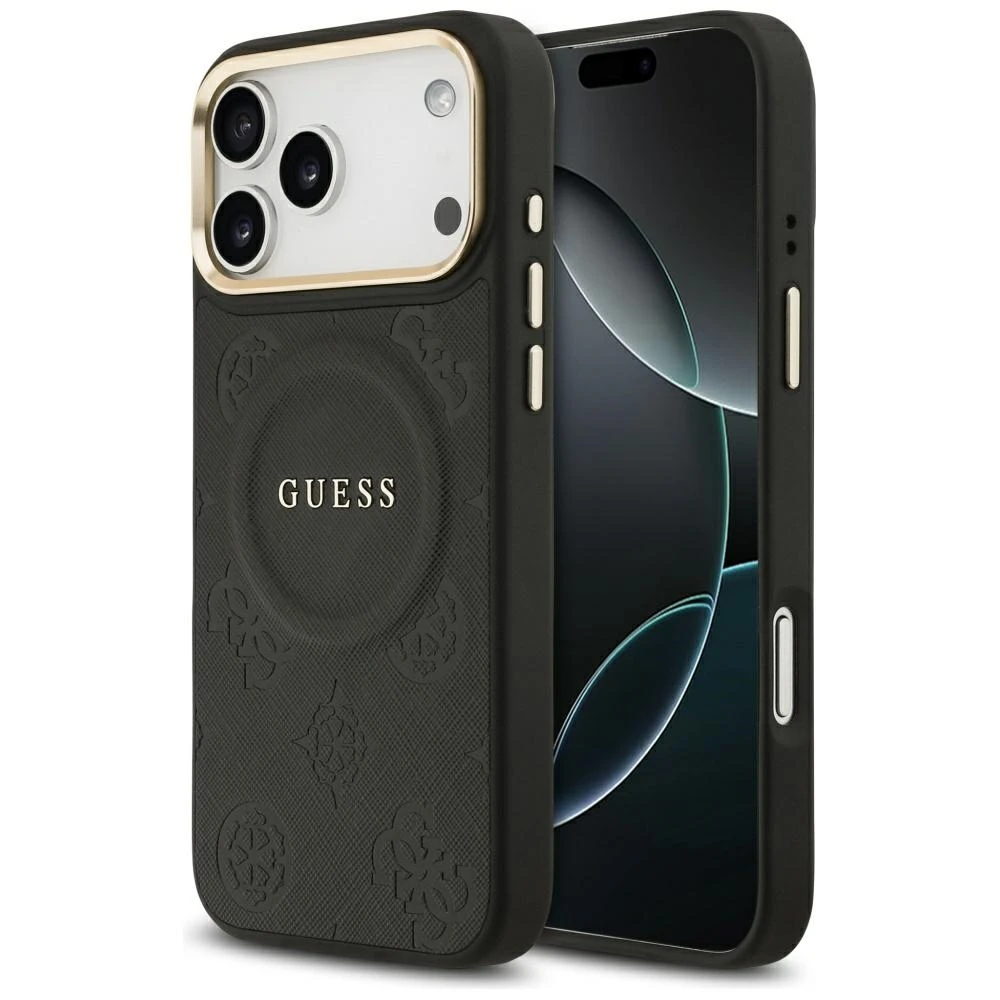 GUESS dėklas, skirtas IPHONE 17 Pro Max, suderinamas su MagSafe GUHMP17XPSAMSECK (PU W/ Peony Hot Stamp) juodas