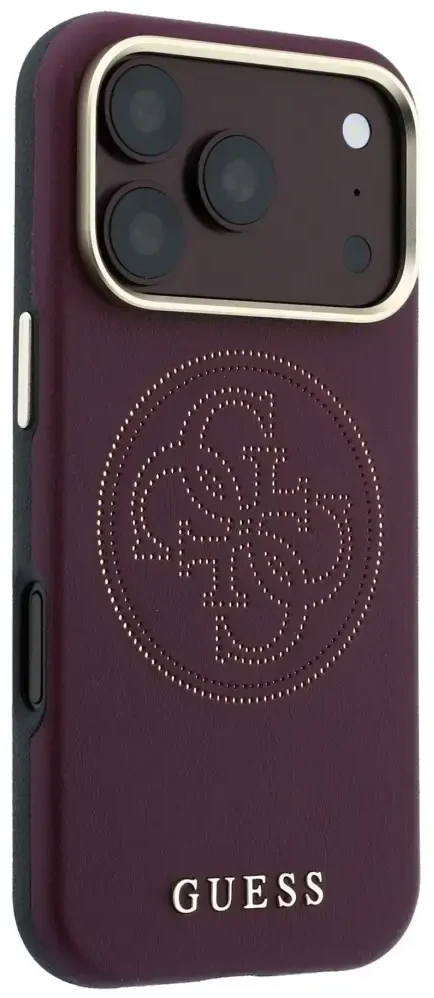 Dėklas Guess Perforated 4G Gold Logo Magsafe do iPhone 18 Pro Max / 17 Pro Max bordo spalvos
