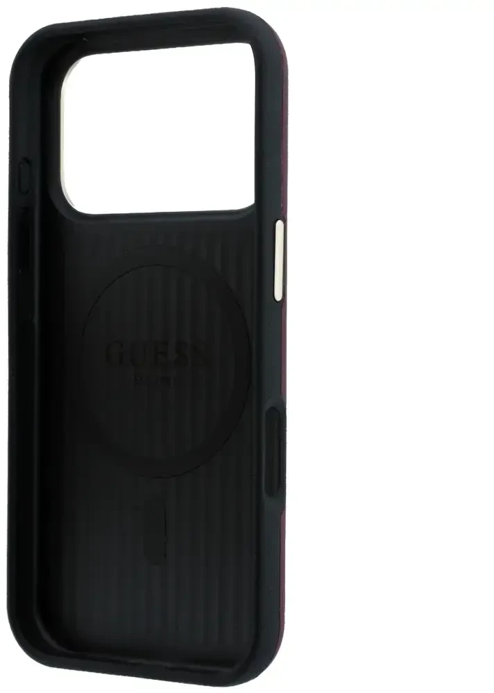 Dėklas Guess Perforated 4G Gold Logo Magsafe do iPhone 18 Pro / 17 Pro bordo spalvos