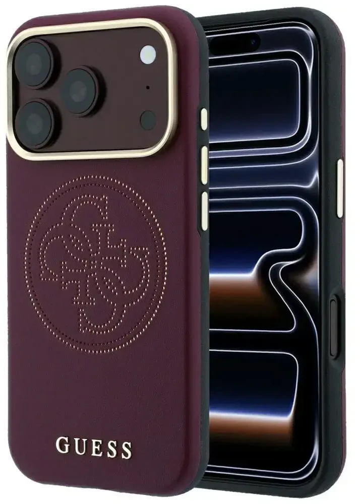 Dėklas Guess Perforated 4G Gold Logo Magsafe do iPhone 18 Pro Max / 17 Pro Max bordo spalvos