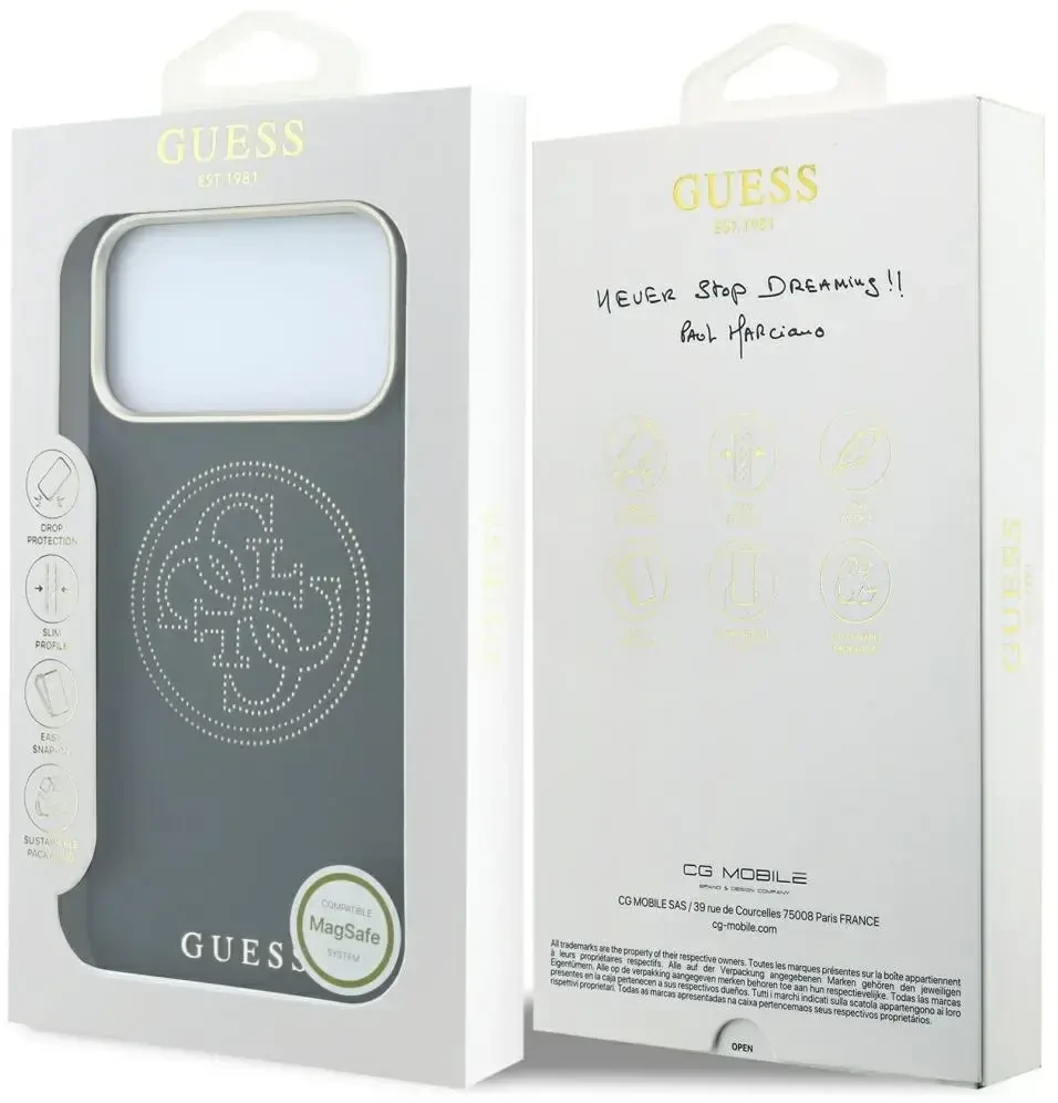 Dėklas Guess Perforated 4G Gold Logo Magsafe do iPhone 18 Pro / 17 Pro juoda