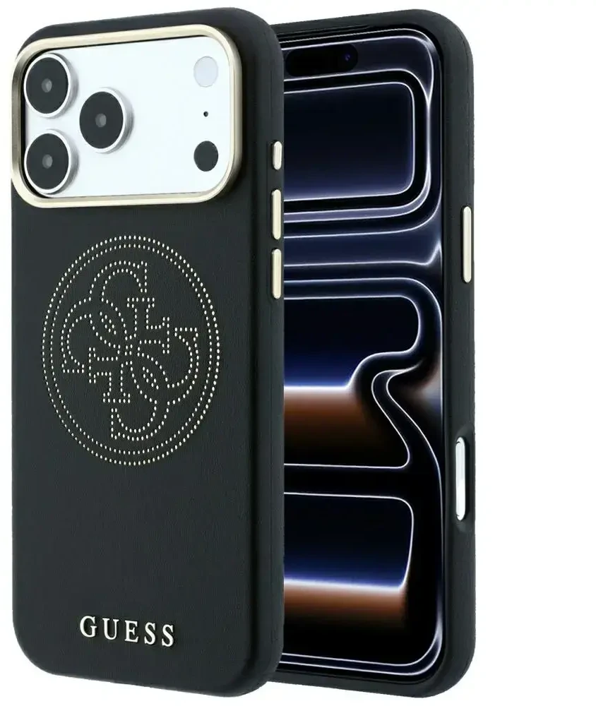 Dėklas Guess Perforated 4G Gold Logo Magsafe do iPhone 18 Pro / 17 Pro juoda