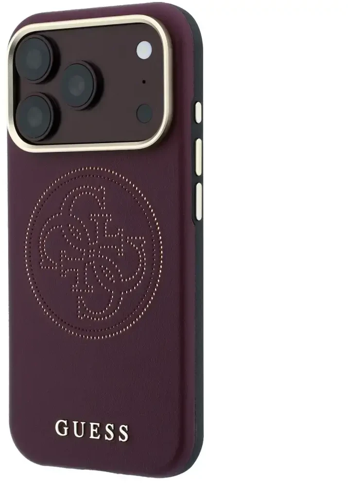 Dėklas Guess Perforated 4G Gold Logo Magsafe do iPhone 18 Pro Max / 17 Pro Max bordo spalvos