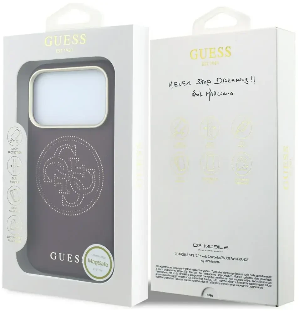 Dėklas Guess Perforated 4G Gold Logo Magsafe do iPhone 18 Pro / 17 Pro bordo spalvos