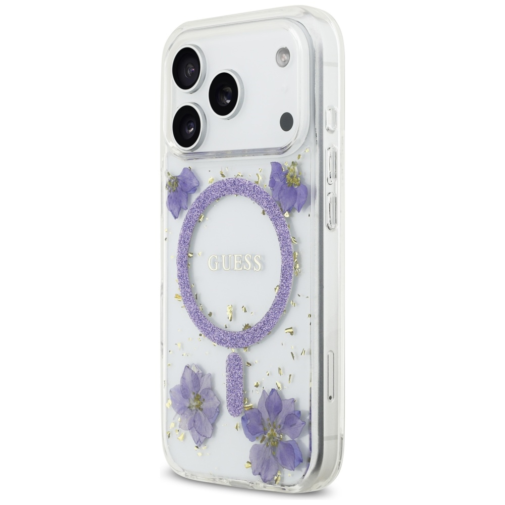 GUESS dėklas IPHONE 17 Pro, suderinamas su MagSafe GUHMP17LRBFGFGMU (dervos gėlės ir blizgučiai), violetinė