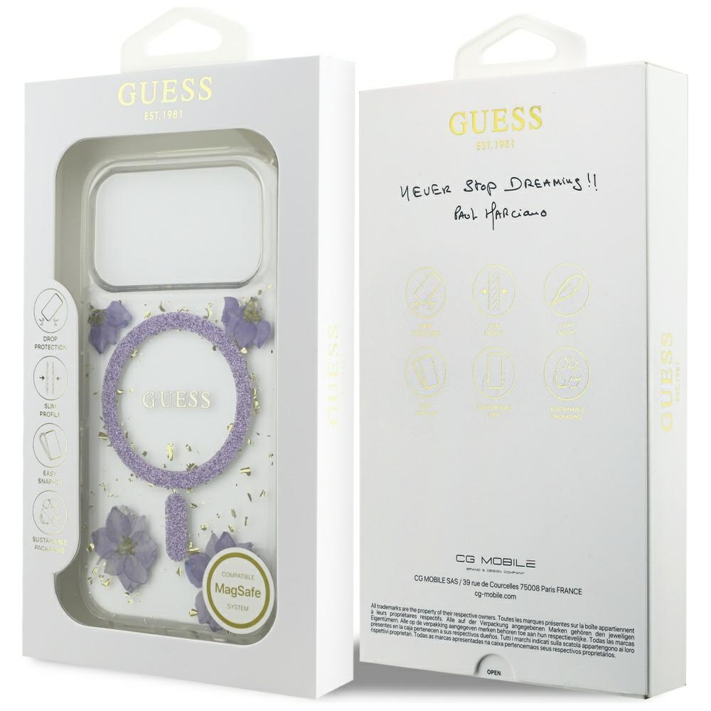 GUESS dėklas IPHONE 17 Pro, suderinamas su MagSafe GUHMP17LRBFGFGMU (dervos gėlės ir blizgučiai), violetinė