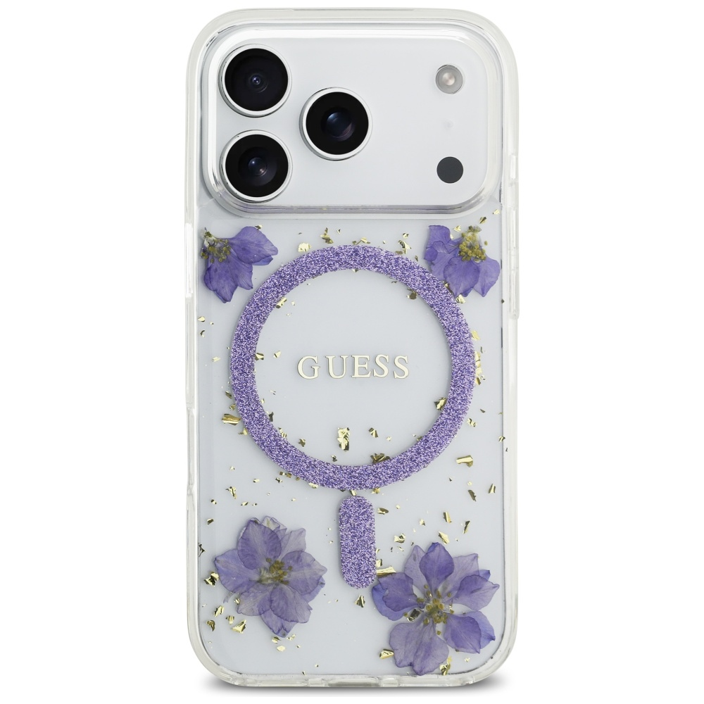 GUESS dėklas IPHONE 17 Pro, suderinamas su MagSafe GUHMP17LRBFGFGMU (dervos gėlės ir blizgučiai), violetinė