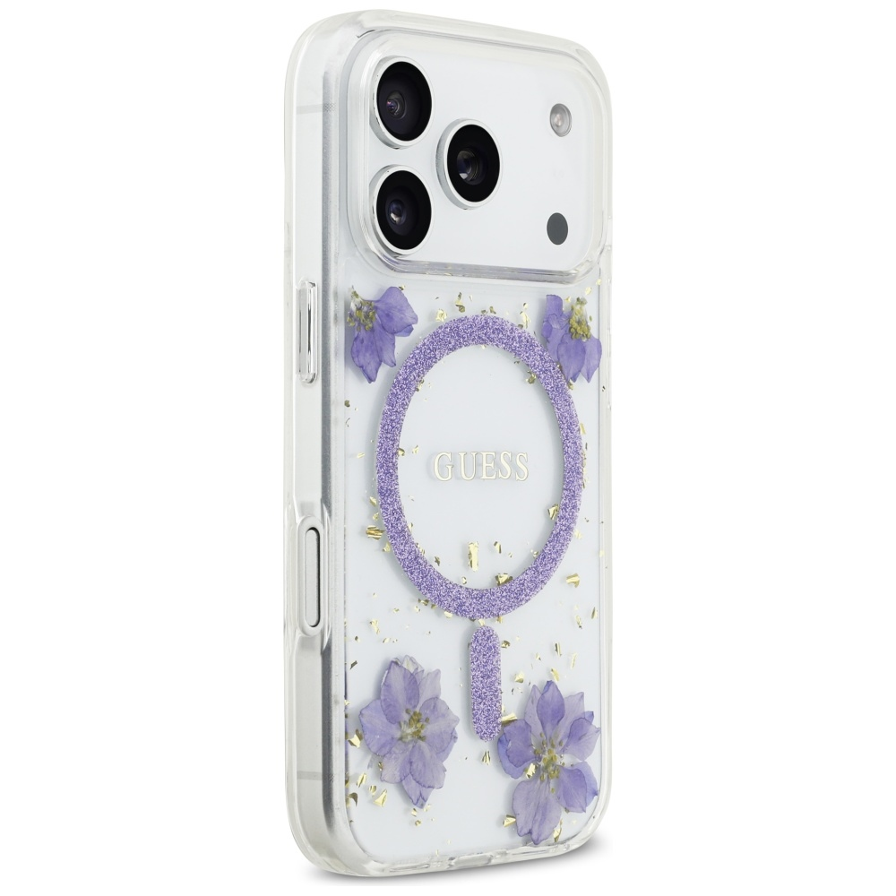 GUESS dėklas IPHONE 17 Pro, suderinamas su MagSafe GUHMP17LRBFGFGMU (dervos gėlės ir blizgučiai), violetinė